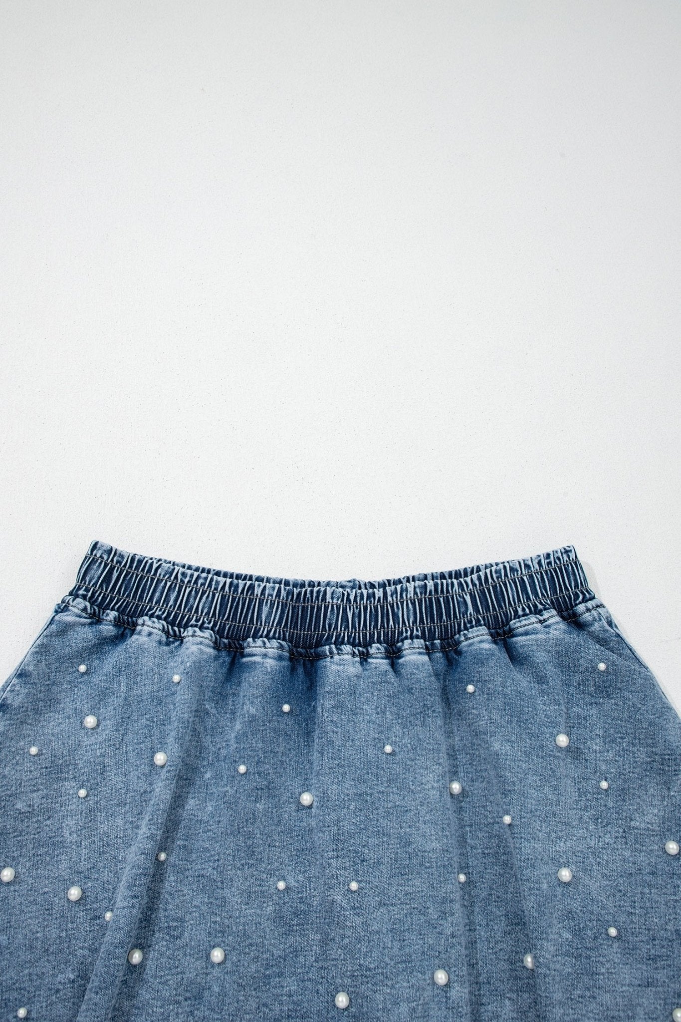 Ashleigh Blue Denim Pearl Embellished Elastic Waist Mini Skort - Crowned Energy CO.
