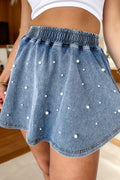 Ashleigh Blue Denim Pearl Embellished Elastic Waist Mini Skort - Crowned Energy CO.