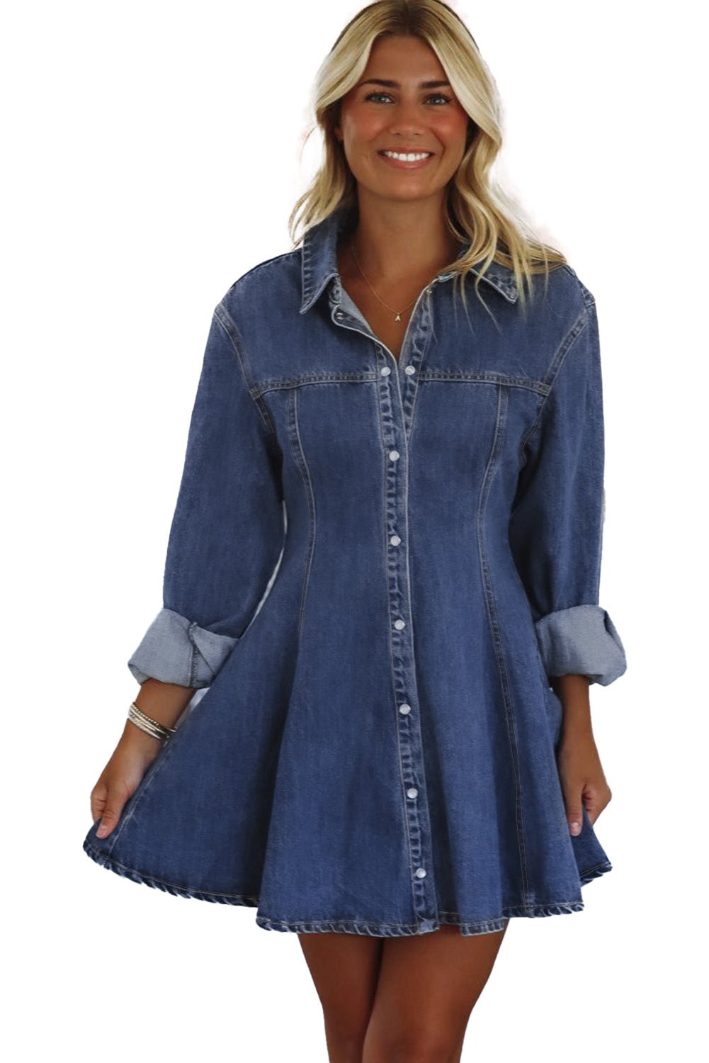 Ashleigh Blue Denim Shirt Collar Long Sleeve Flared Mini Dress - Crowned Energy CO.