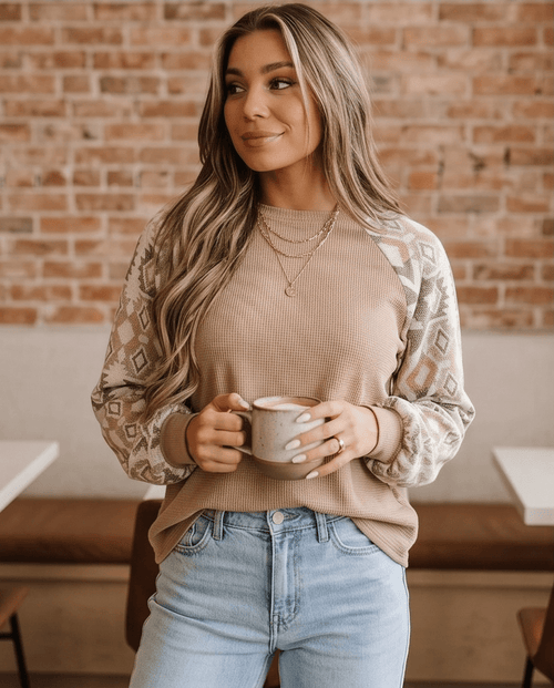 Aztec Patchwork Waffle Knit Raglan Top in Smoke Gray - Crowned Energy CO.