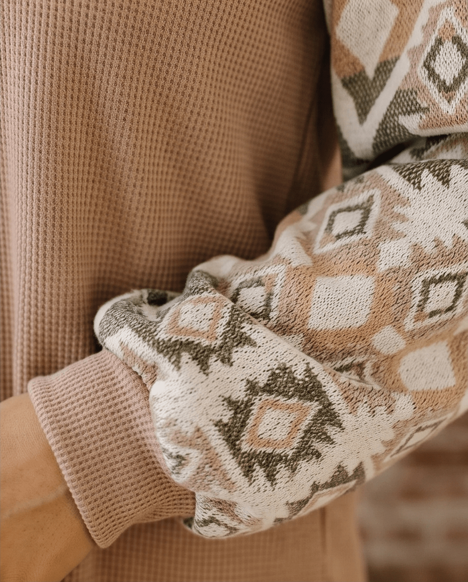 Aztec Patchwork Waffle Knit Raglan Top in Smoke Gray - Crowned Energy CO.