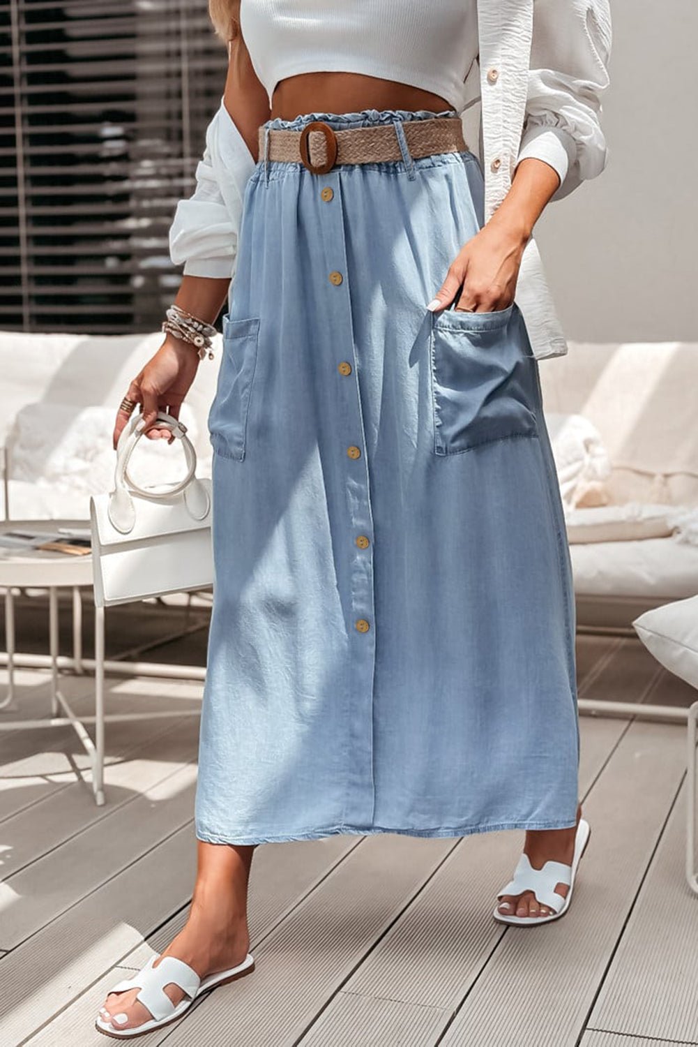 Beau Blue Buttoned Front High Waist Side Pockets Denim Maxi Skirt - Crowned Energy CO.