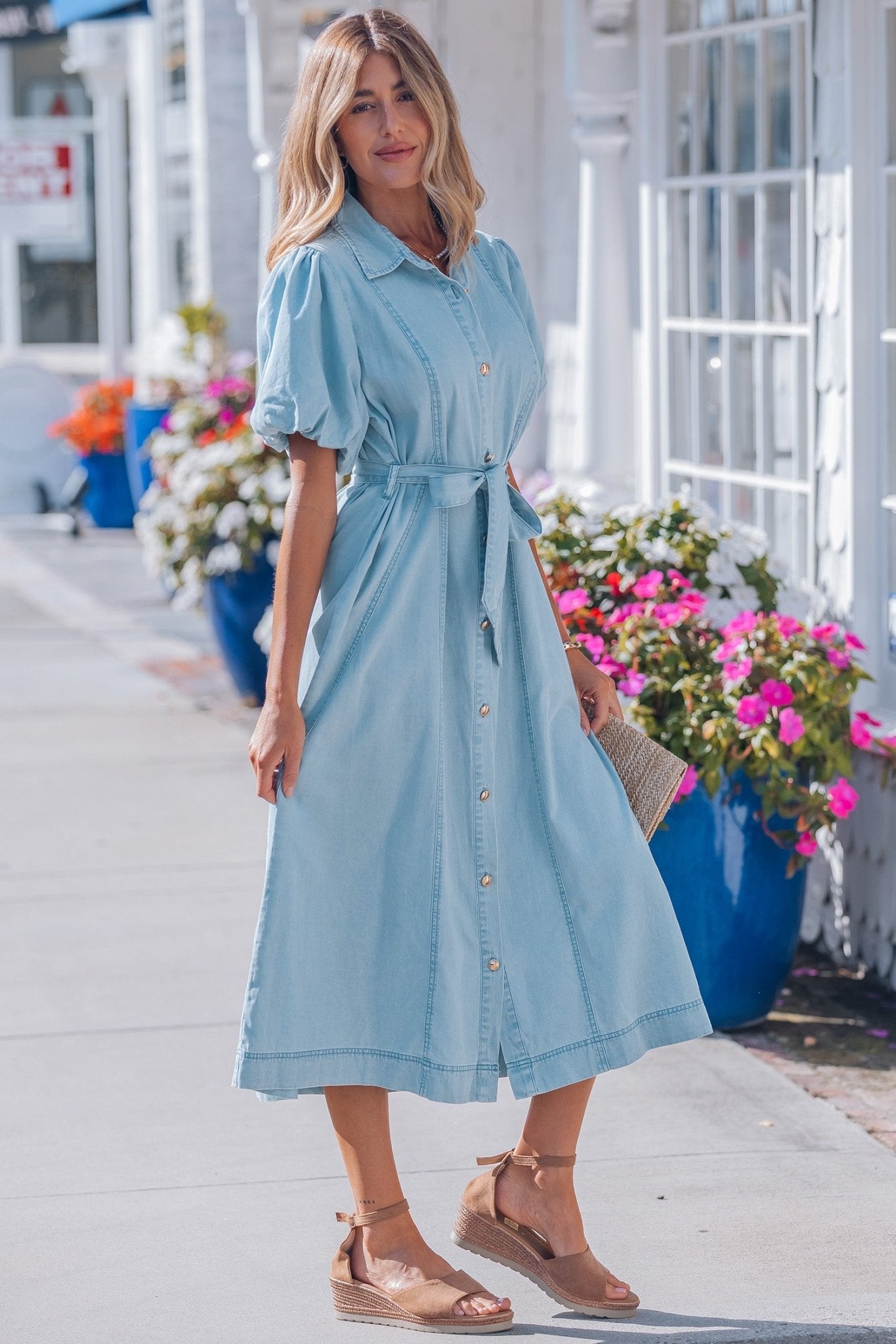 Beau Blue Full Buttons Collared Short Bubble Sleeve Long Denim Dress - Crowned Energy CO.