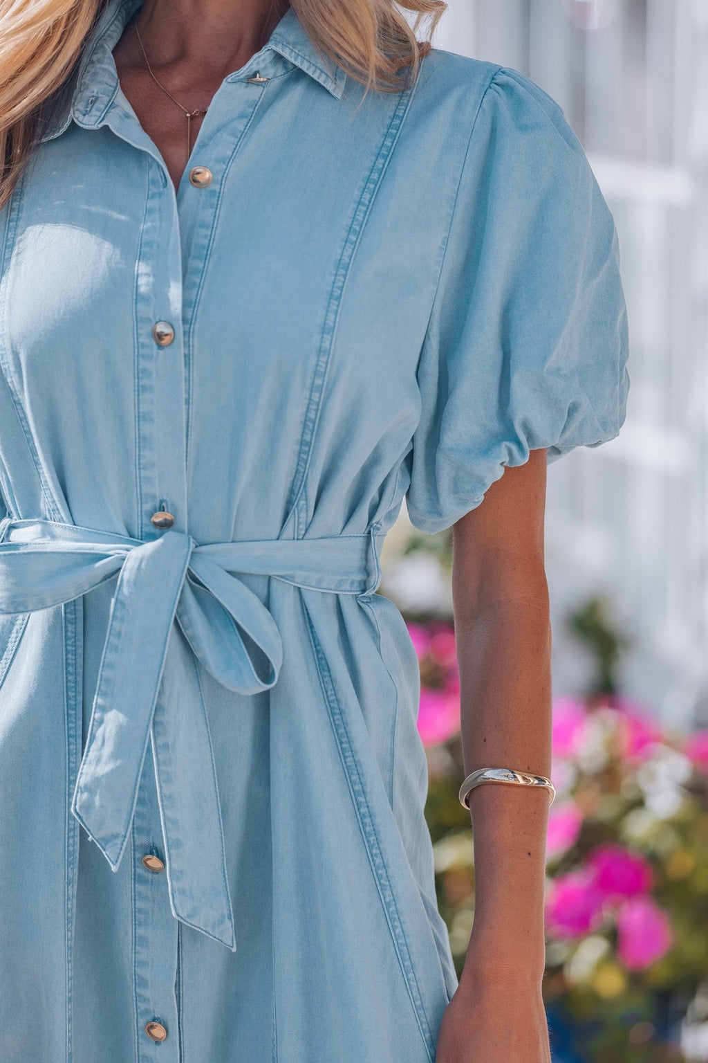 Beau Blue Full Buttons Collared Short Bubble Sleeve Long Denim Dress - Crowned Energy CO.