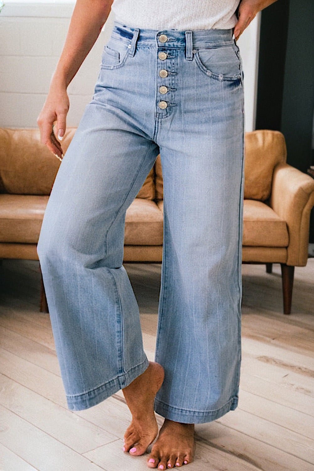 Beau Blue Multi Buttons Pinstripe Wide Leg Jeans - Goddess Vibes