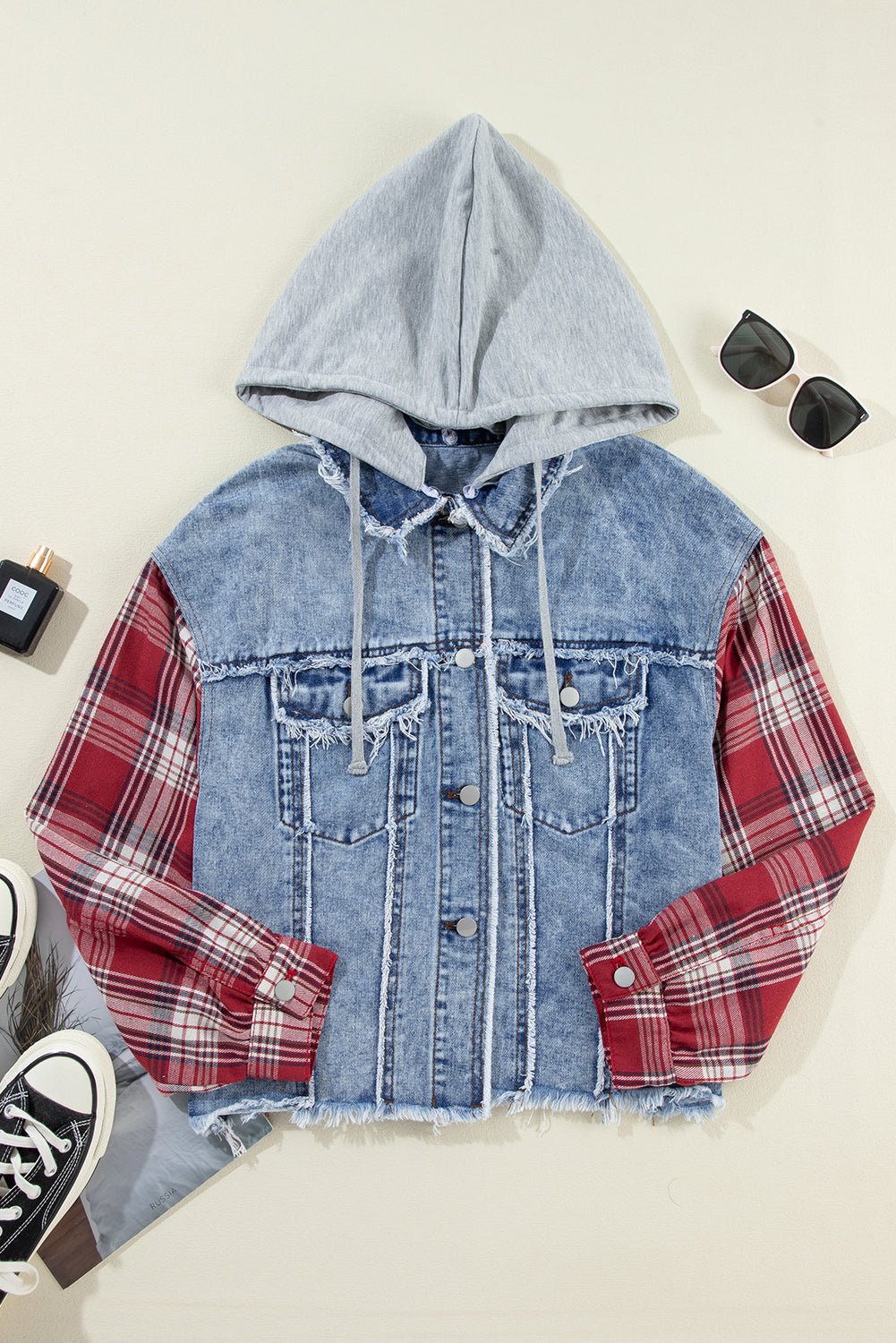 Crowned Energy CO. Beau Blue / S / 83%Cotton+17%Polyester Dear-Lover Dropshipping Outerwear/Denim jackets Beau Blue Plaid Print Patchwork Hooded Raw Hem Denim Jacket