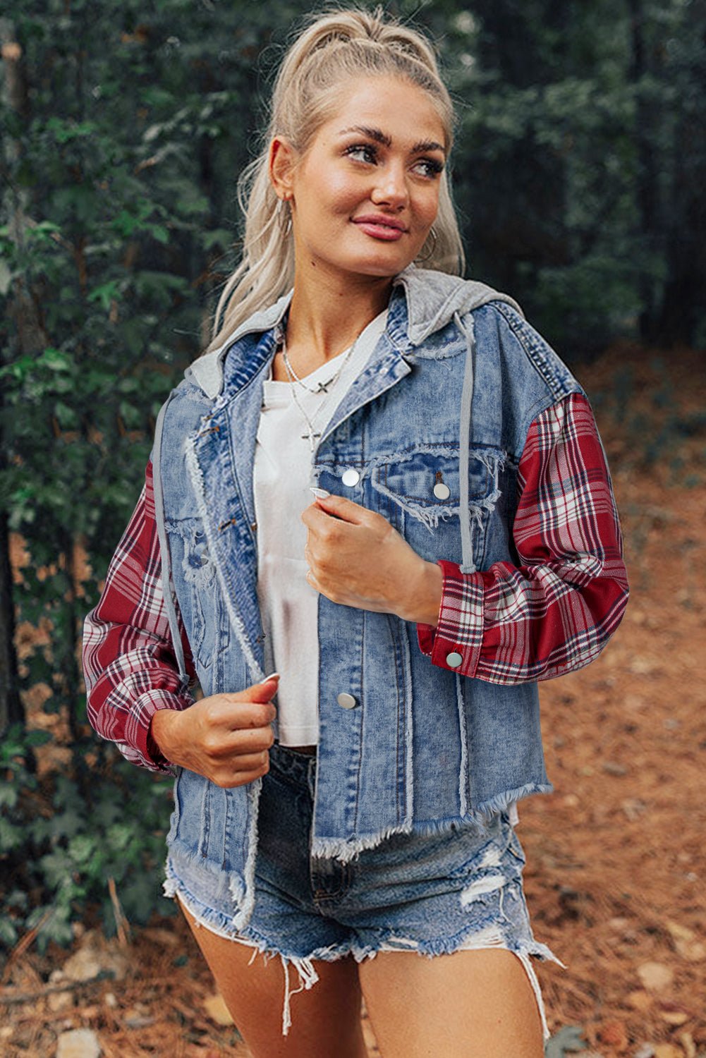 Crowned Energy CO. Beau Blue / S / 83%Cotton+17%Polyester Dear-Lover Dropshipping Outerwear/Denim jackets Beau Blue Plaid Print Patchwork Hooded Raw Hem Denim Jacket