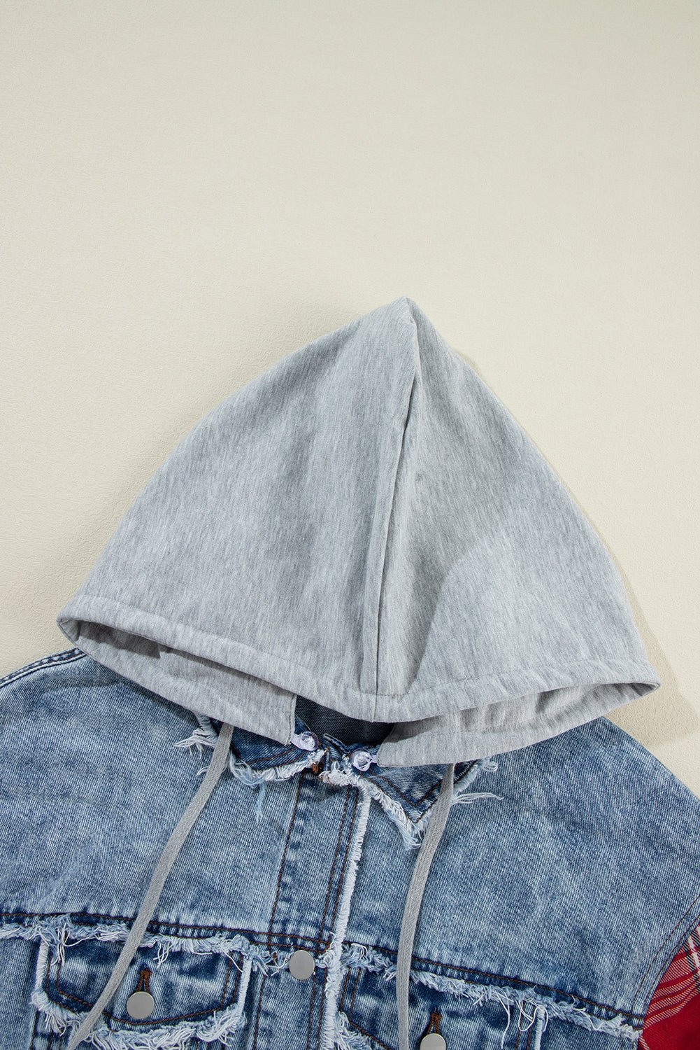 Crowned Energy CO. Beau Blue / S / 83%Cotton+17%Polyester Dear-Lover Dropshipping Outerwear/Denim jackets Beau Blue Plaid Print Patchwork Hooded Raw Hem Denim Jacket
