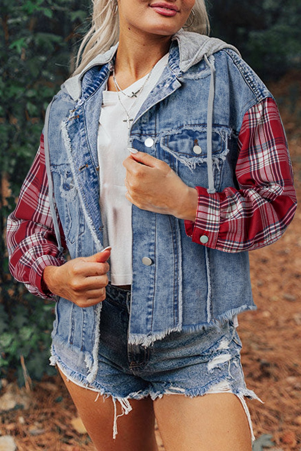 Crowned Energy CO. Beau Blue / S / 83%Cotton+17%Polyester Dear-Lover Dropshipping Outerwear/Denim jackets Beau Blue Plaid Print Patchwork Hooded Raw Hem Denim Jacket