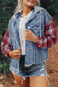 Crowned Energy CO. Beau Blue / S / 83%Cotton+17%Polyester Dear-Lover Dropshipping Outerwear/Denim jackets Beau Blue Plaid Print Patchwork Hooded Raw Hem Denim Jacket