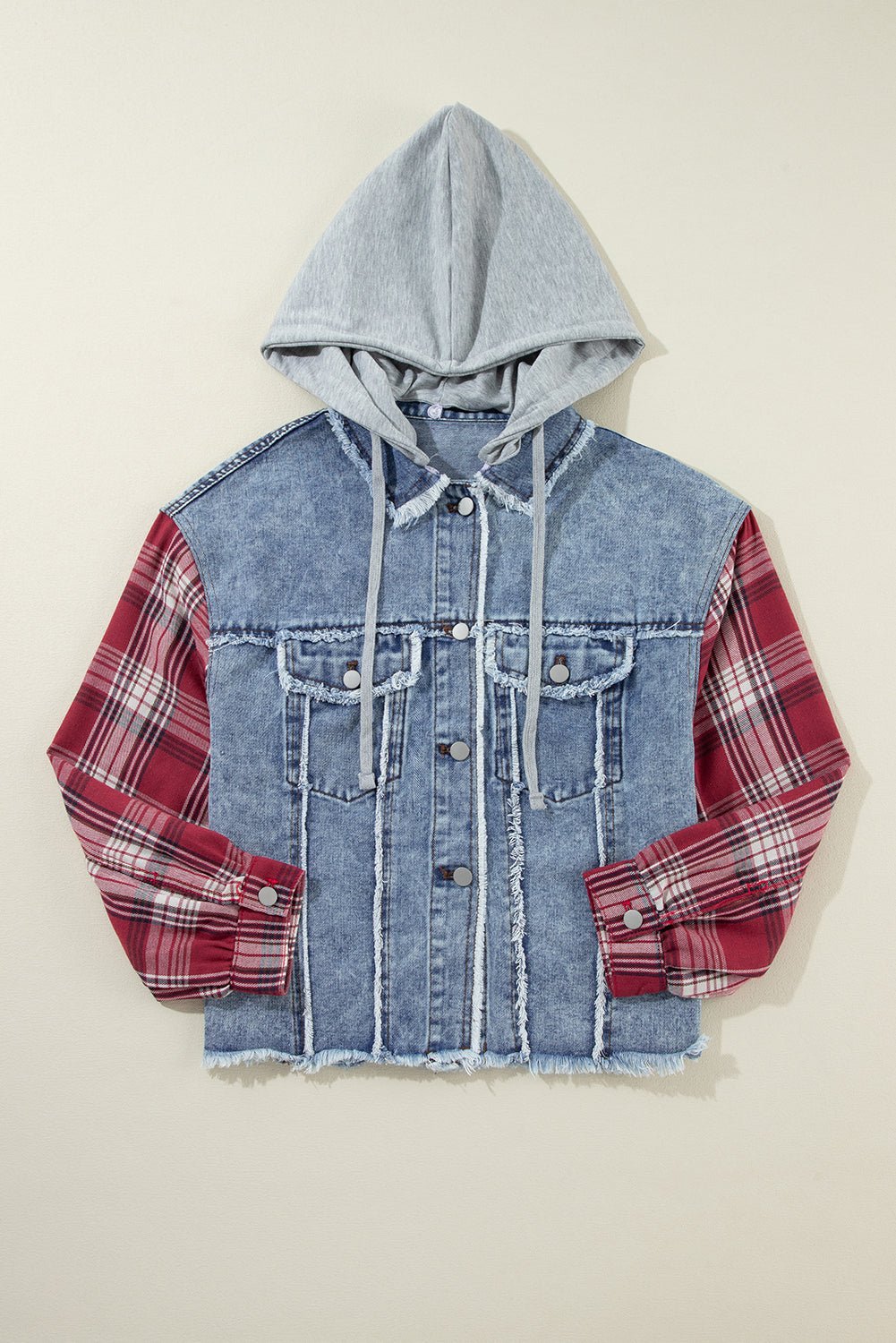 Beau Blue Plaid Print Patchwork Hooded Raw Hem Denim Jacket - Goddess Vibes