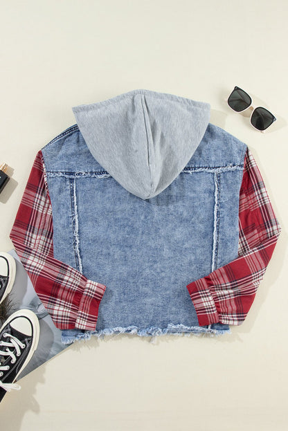 Beau Blue Plaid Print Patchwork Hooded Raw Hem Denim Jacket - Goddess Vibes