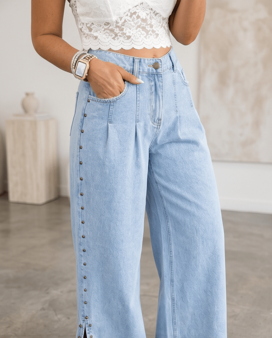 Beau Blue Studded Side Slit Leg Frayed Pocketed Wide Leg Jeans - Crowned Energy CO.