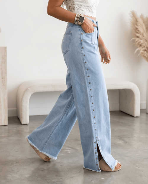 Beau Blue Studded Side Slit Leg Frayed Pocketed Wide Leg Jeans - Crowned Energy CO.