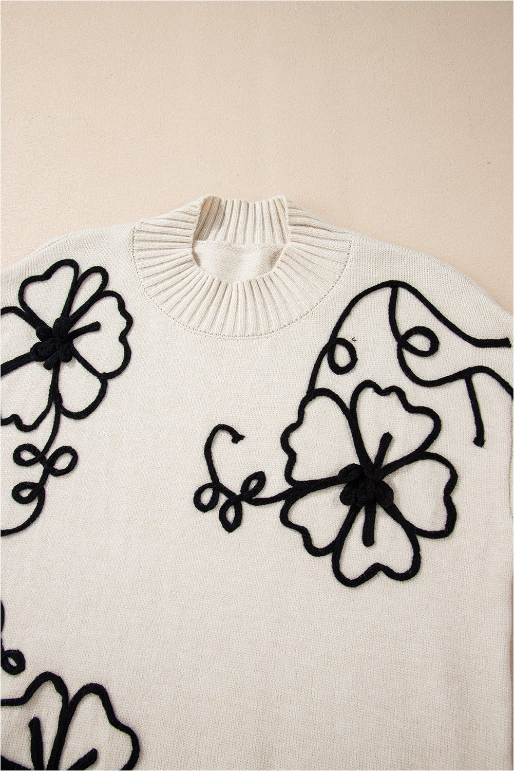Beige Flower Stitching Mock Neck Sweater - Crowned Energy CO.