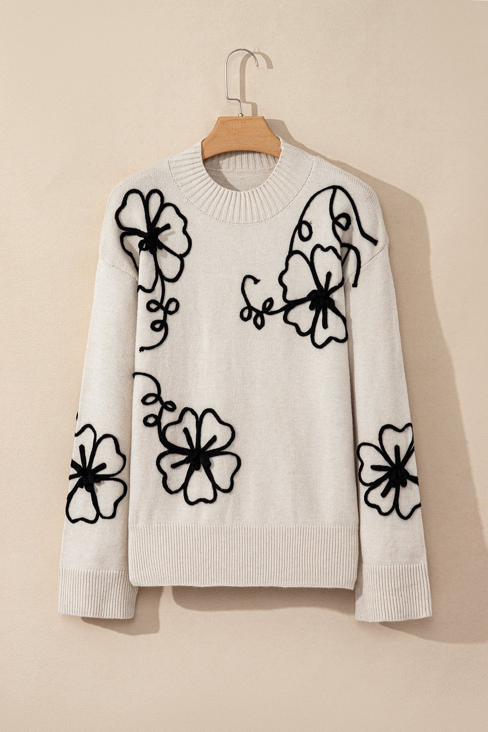 Beige Flower Stitching Mock Neck Sweater - Crowned Energy CO.