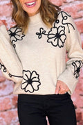 Beige Flower Stitching Mock Neck Sweater - Crowned Energy CO.