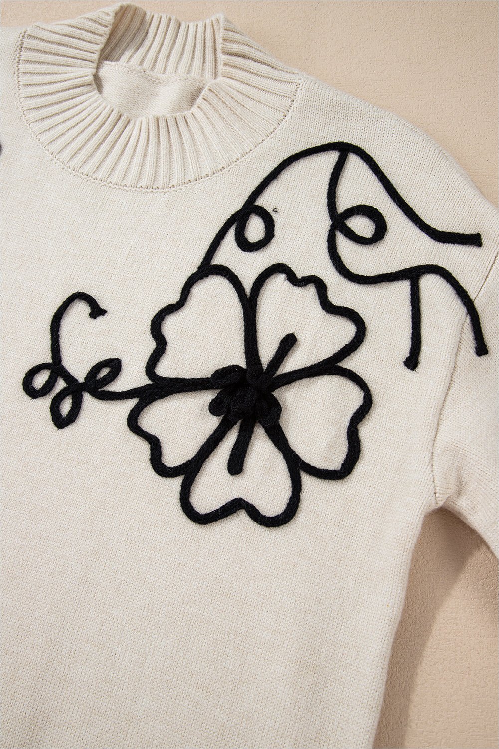 Beige Flower Stitching Mock Neck Sweater - Crowned Energy CO.