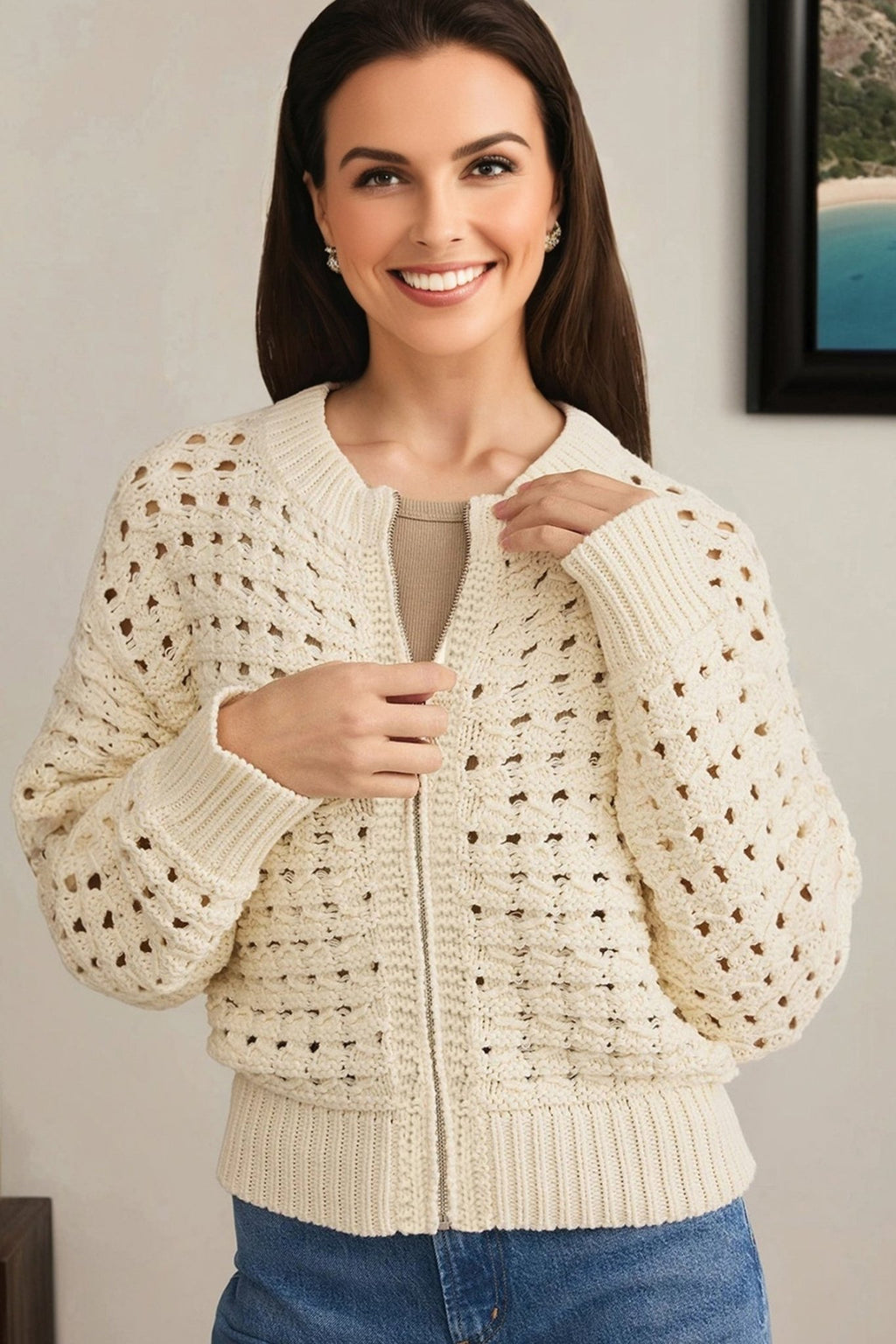 Crowned Energy CO. Beige / S / 100%Acrylic Dear-Lover Dropshipping Sweaters & Cardigans/Cardigans Beige Hollowed Pattern Knit Zip Up Drop Shoulder Sweater Cardigan