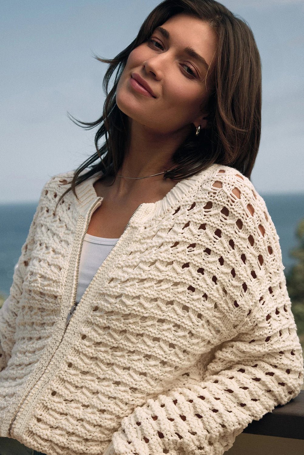 Crowned Energy CO. Beige / S / 100%Acrylic Dear-Lover Dropshipping Sweaters & Cardigans/Cardigans Beige Hollowed Pattern Knit Zip Up Drop Shoulder Sweater Cardigan