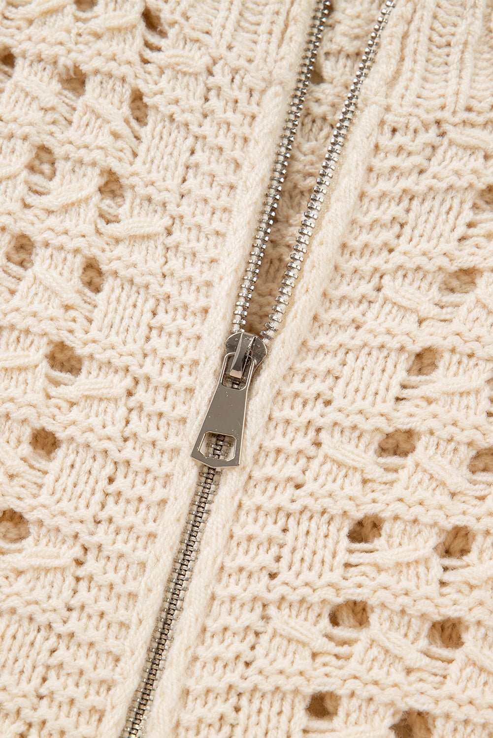 Crowned Energy CO. Beige / S / 100%Acrylic Dear-Lover Dropshipping Sweaters & Cardigans/Cardigans Beige Hollowed Pattern Knit Zip Up Drop Shoulder Sweater Cardigan