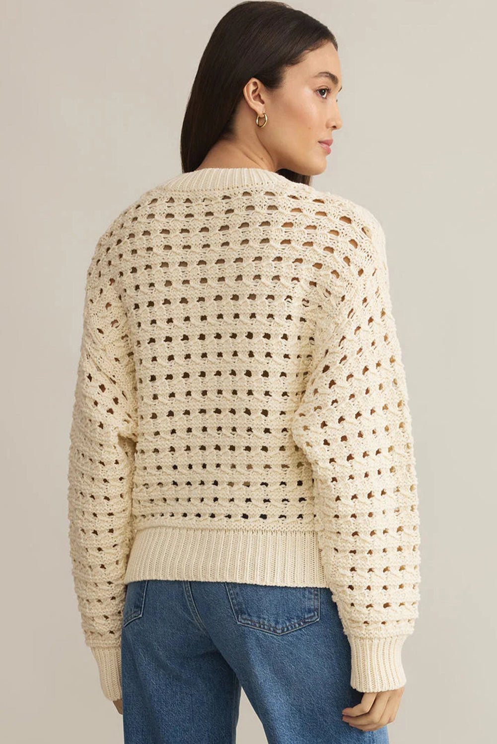 Crowned Energy CO. Beige / S / 100%Acrylic Dear-Lover Dropshipping Sweaters & Cardigans/Cardigans Beige Hollowed Pattern Knit Zip Up Drop Shoulder Sweater Cardigan