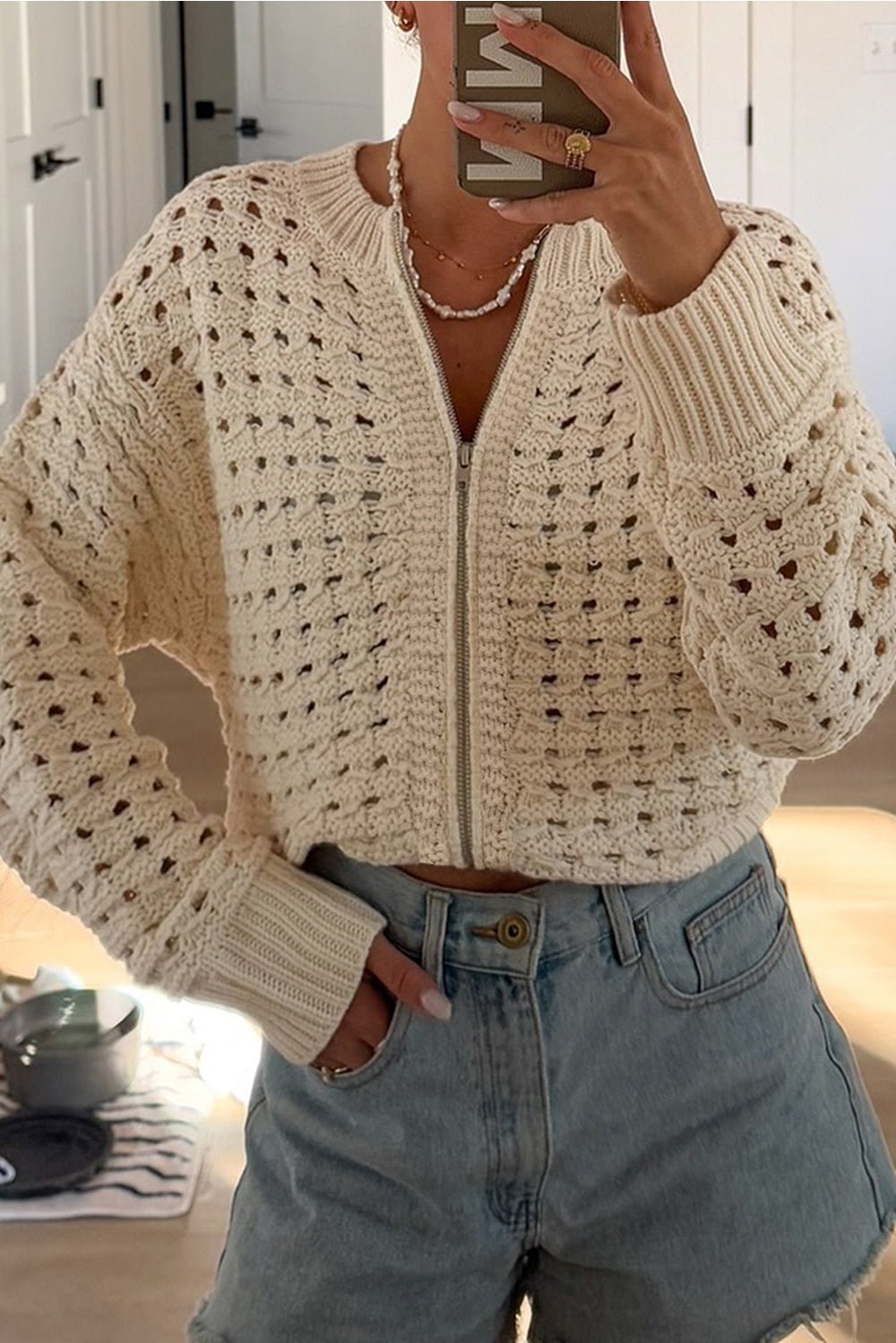 Crowned Energy CO. Beige / S / 100%Acrylic Dear-Lover Dropshipping Sweaters & Cardigans/Cardigans Beige Hollowed Pattern Knit Zip Up Drop Shoulder Sweater Cardigan