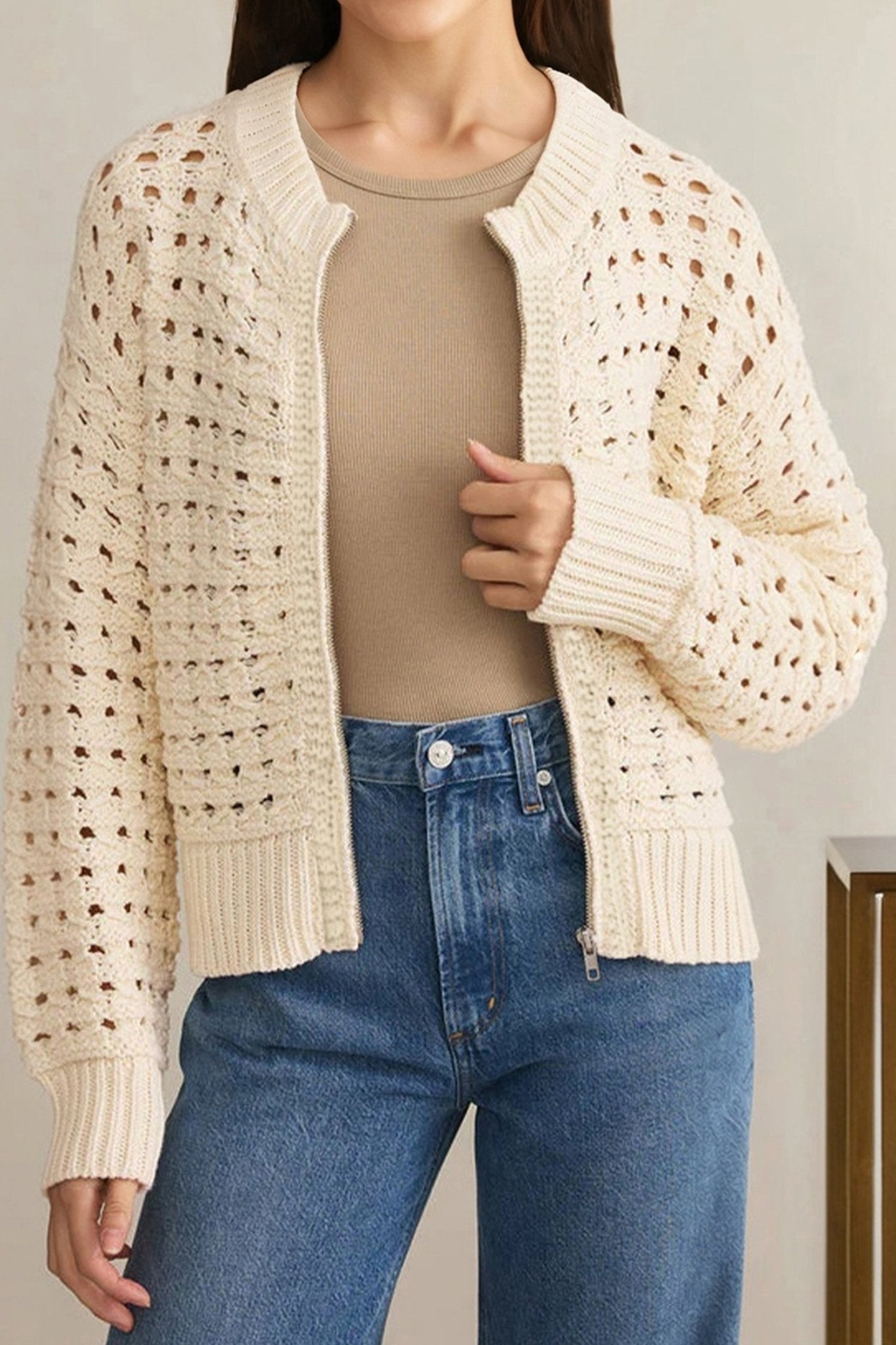 Crowned Energy CO. Beige / S / 100%Acrylic Dear-Lover Dropshipping Sweaters & Cardigans/Cardigans Beige Hollowed Pattern Knit Zip Up Drop Shoulder Sweater Cardigan