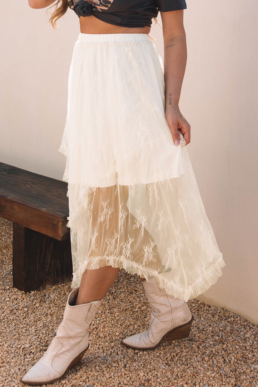 Beige Lace Cascading Tiered High Waist Maxi Skirt - Crowned Energy CO.