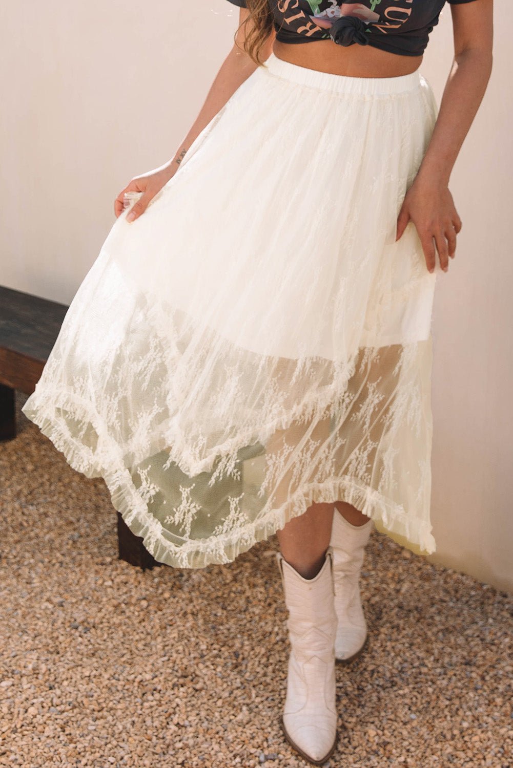 Beige Lace Cascading Tiered High Waist Maxi Skirt - Crowned Energy CO.