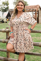 Beige Printed Surplice V Neck Cuffed Sleeve Empire Waist Plus Size Dress - Goddess Vibes