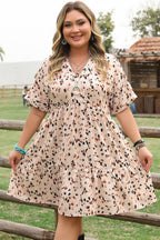 Beige Printed Surplice V Neck Cuffed Sleeve Empire Waist Plus Size Dress - Goddess Vibes