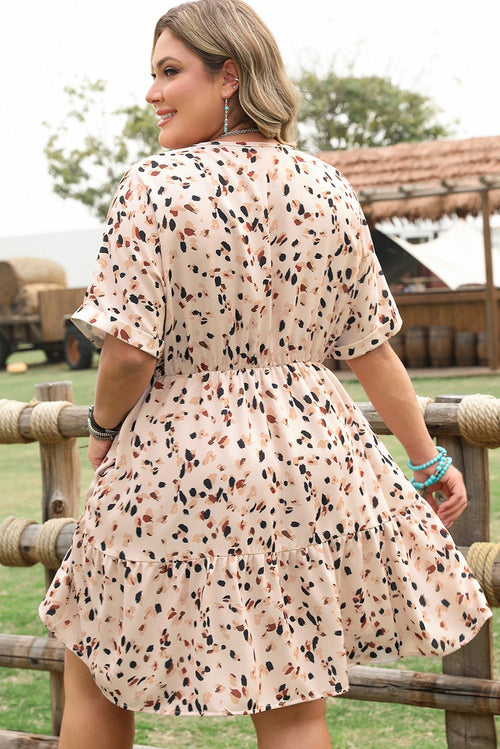 Crowned Energy CO. Beige / 1X / 100%Polyester Dear-Lover Dropshipping Plus Size/Plus Size Dresses/Plus Size Mini Dresses Beige Printed Surplice V Neck Cuffed Sleeve Empire Waist Plus Size Dress