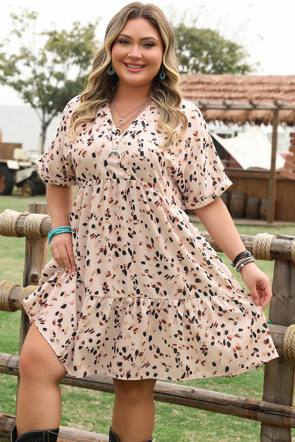 Beige Printed Surplice V Neck Cuffed Sleeve Empire Waist Plus Size Dress - Goddess Vibes