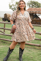 Beige Printed Surplice V Neck Cuffed Sleeve Empire Waist Plus Size Dress - Goddess Vibes