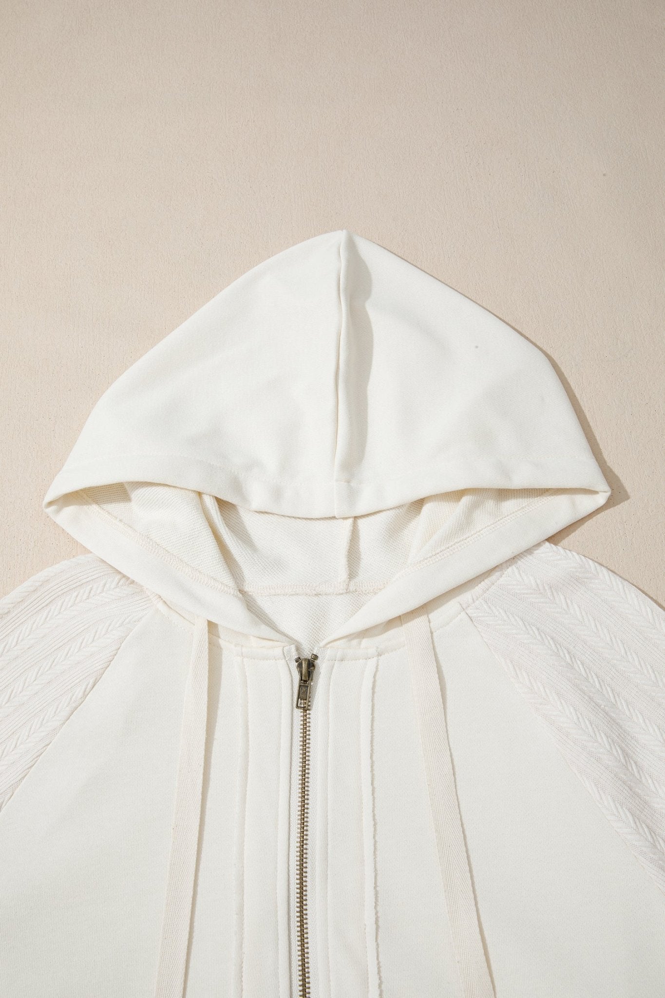 Beige Solid Color Textured Sleeve Patchwork Half Zip Hoodie - Crowned Energy CO.