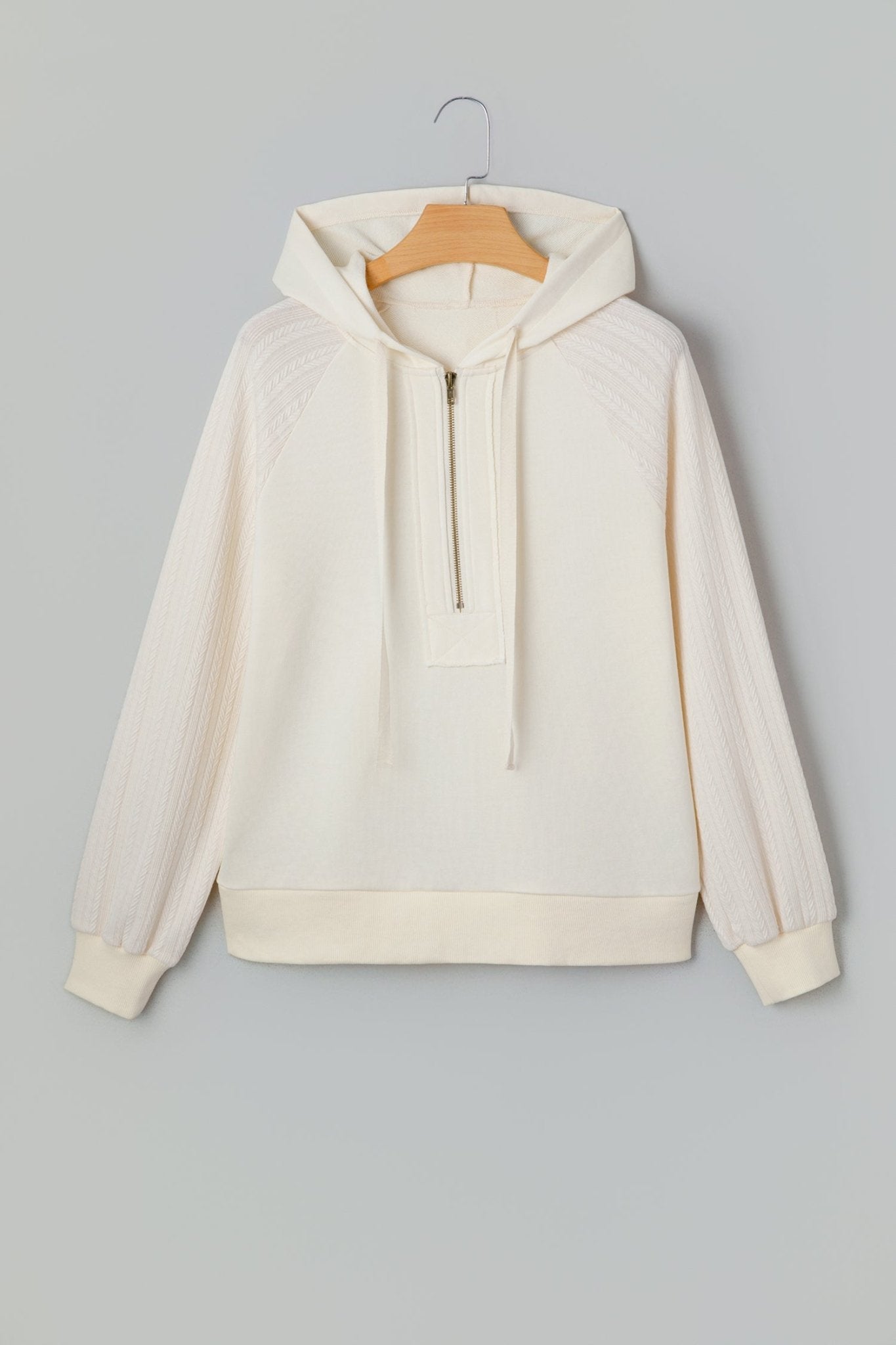 Beige Solid Color Textured Sleeve Patchwork Half Zip Hoodie - Crowned Energy CO.