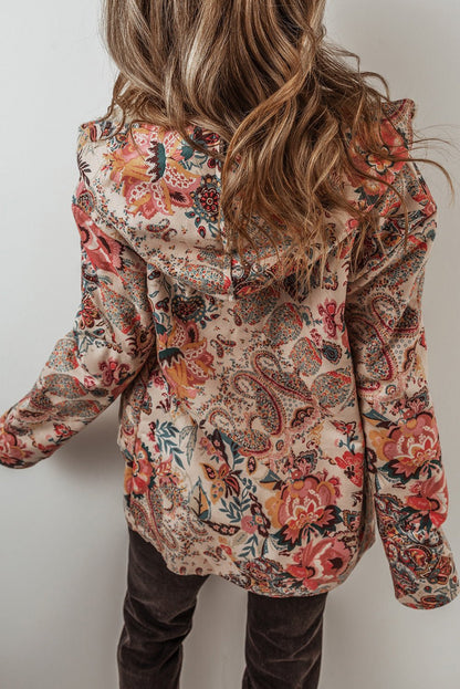 Beige Vintage Paisley Floral Printed Sherpa Lined Hooded Jacket - Goddess Vibes