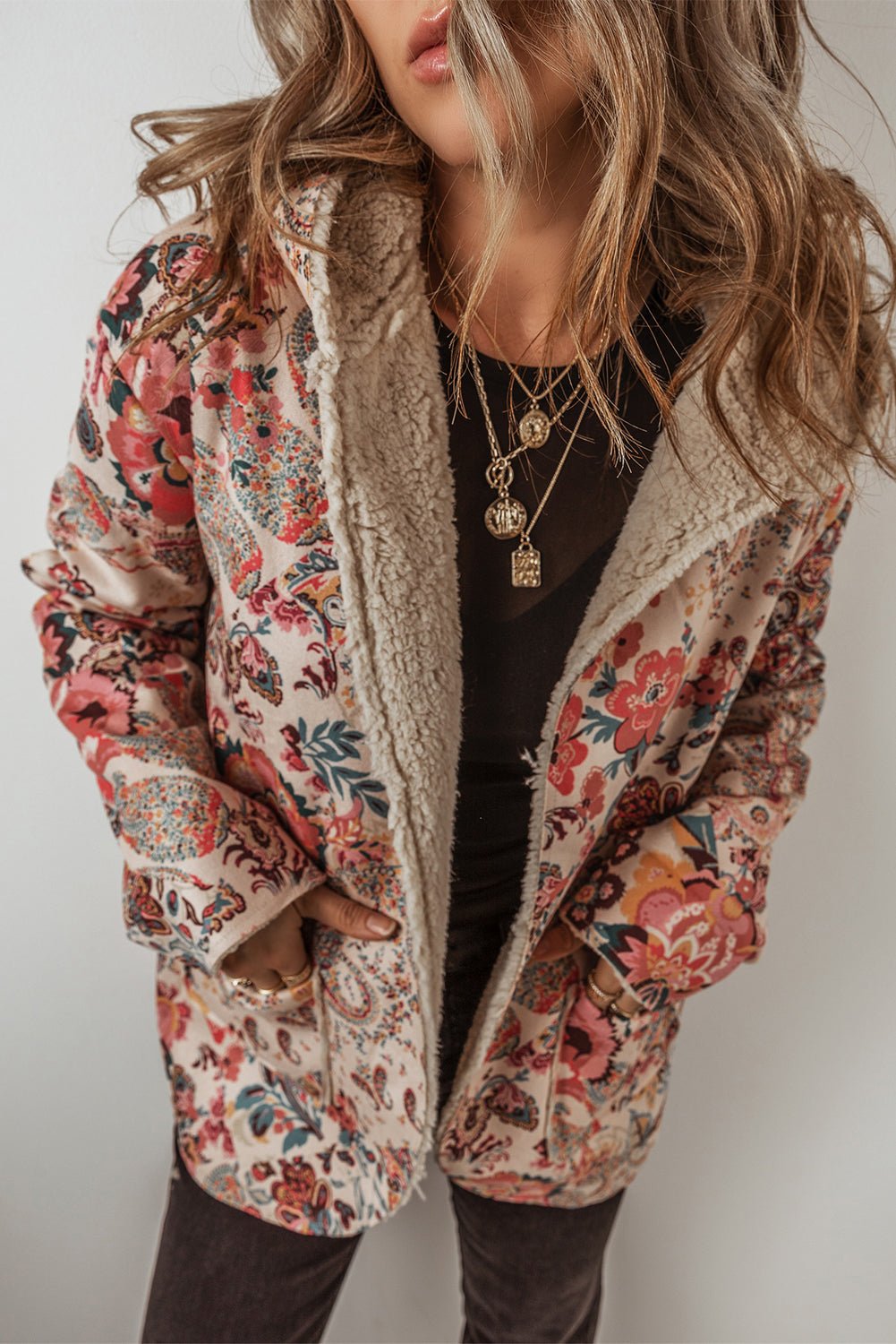 Beige Vintage Paisley Floral Printed Sherpa Lined Hooded Jacket - Goddess Vibes