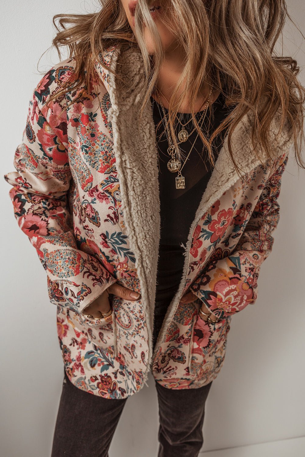 Beige Vintage Paisley Floral Printed Sherpa Lined Hooded Jacket - Goddess Vibes