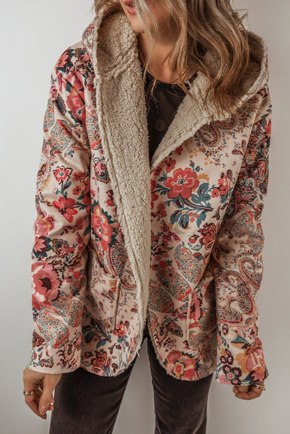 Beige Vintage Paisley Floral Printed Sherpa Lined Hooded Jacket - Goddess Vibes
