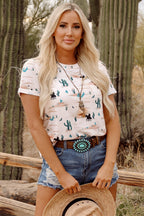 Crowned Energy CO. Beige / S / 95%Polyester+5%Elastane Dear-Lover Dropshipping Tops/Tops & Tees Beige Western Cactus Print Crew Neck Short Sleeve Top