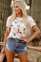 Crowned Energy CO. Beige / S / 95%Polyester+5%Elastane Dear-Lover Dropshipping Tops/Tops & Tees Beige Western Cactus Print Crew Neck Short Sleeve Top