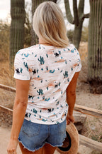 Crowned Energy CO. Beige / S / 95%Polyester+5%Elastane Dear-Lover Dropshipping Tops/Tops & Tees Beige Western Cactus Print Crew Neck Short Sleeve Top