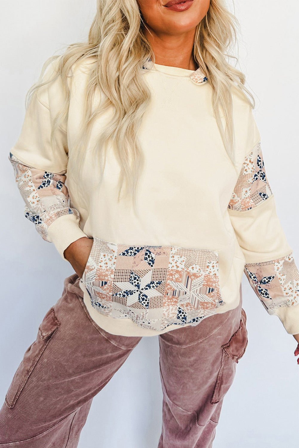 Beige Western Geo Pattern Patchwork Hoodie with Kangaroo Pocket - Crowned Energy CO.