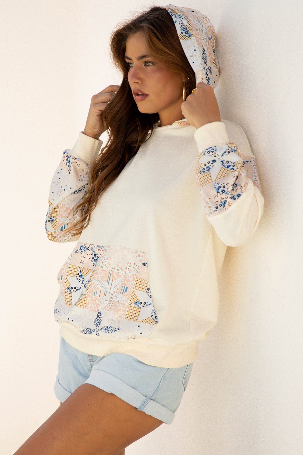 Beige Western Geo Pattern Patchwork Hoodie with Kangaroo Pocket - Crowned Energy CO.