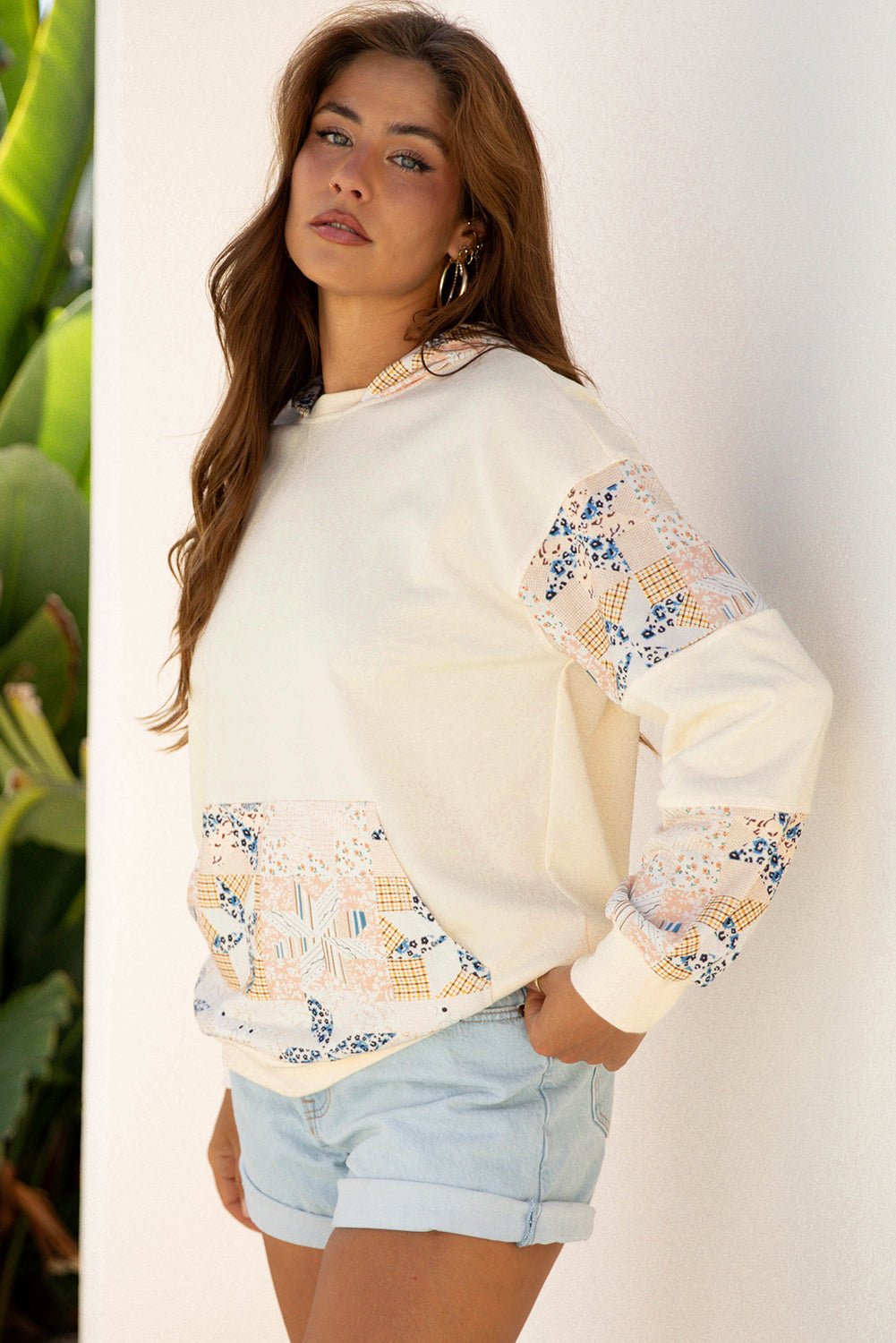 Beige Western Geo Pattern Patchwork Hoodie with Kangaroo Pocket - Crowned Energy CO.