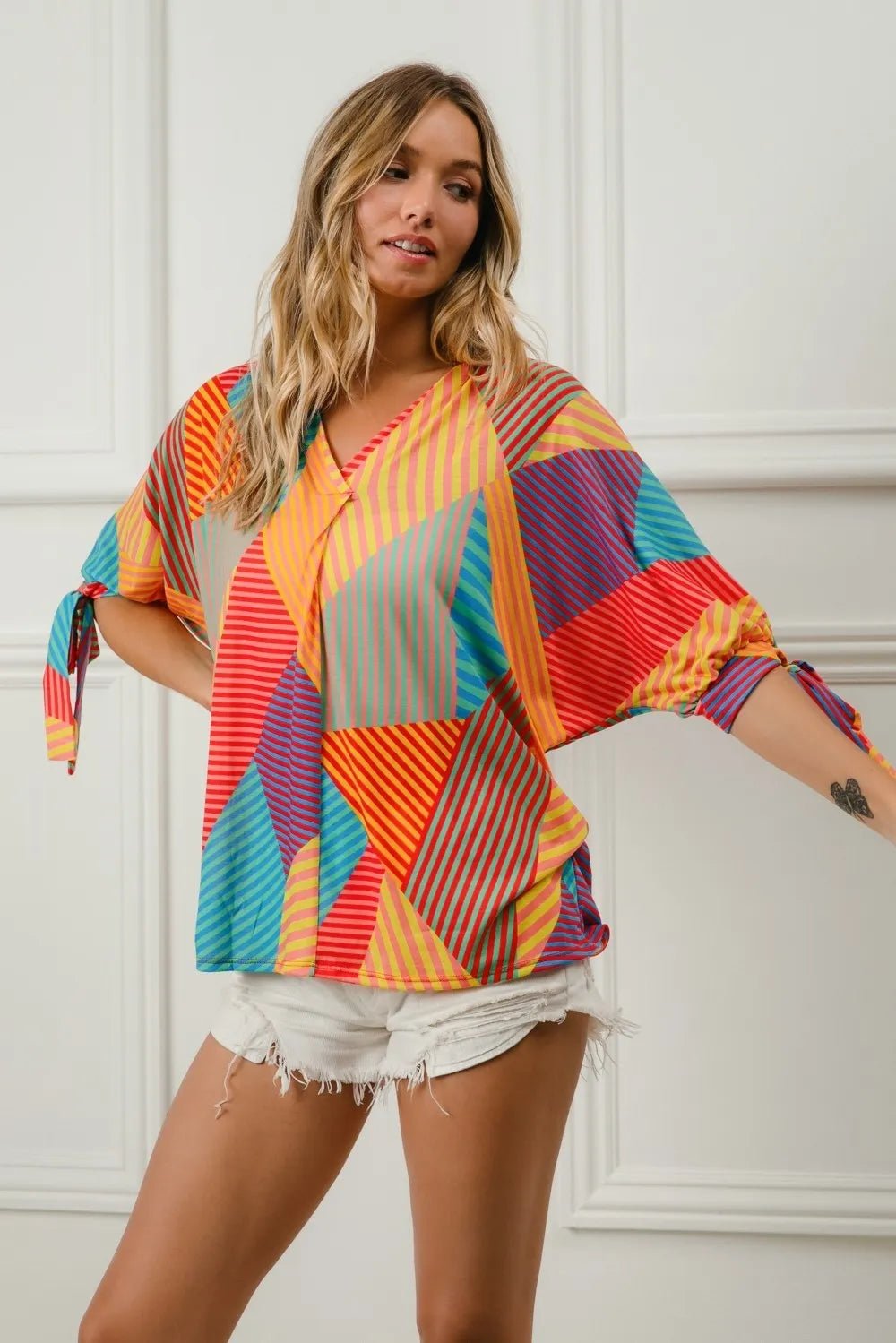 Crowned Energy CO. RED/YELLOW/GRN / S Trendsi Tops/Blouses & Shirts BiBi Multi Stripe Block Printed Jersey Blouse with Tied Sleeves