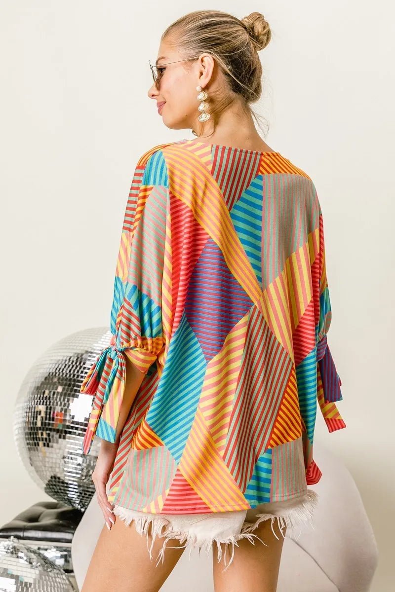 Crowned Energy CO. RED/YELLOW/GRN / S Trendsi Tops/Blouses & Shirts BiBi Multi Stripe Block Printed Jersey Blouse with Tied Sleeves