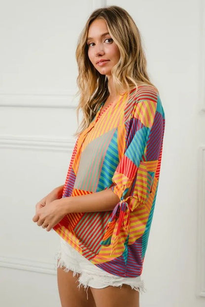 BiBi Multi Stripe Block Printed Jersey Blouse with Tied Sleeves - Goddess Vibes